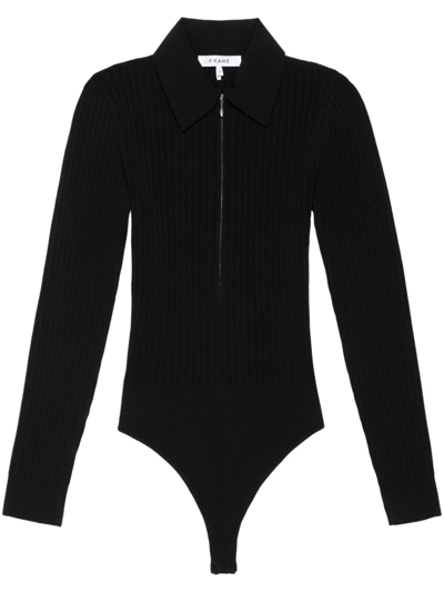 Frame Rib-knit Zip-front Bodysuit In Noir