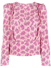 Isabel Marant Printed Blouse With Buttoned Cuffs And Ruched Shoulders In Pink