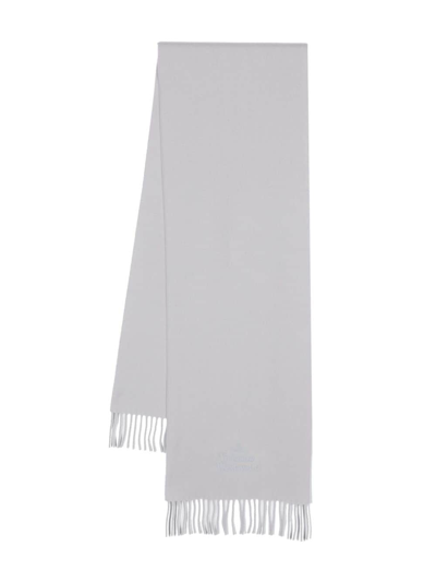 Vivienne Westwood Logo Embroidered Fringed Scarf In Light Grey