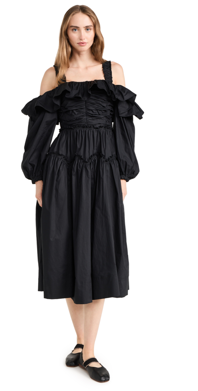 Ulla Johnson Caprice Ruffled Cotton Poplin Cold-shoulder Midi Dress In Noir