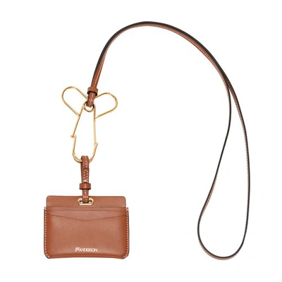 Jw Anderson Safety-pin Leather Card Holder In Brown