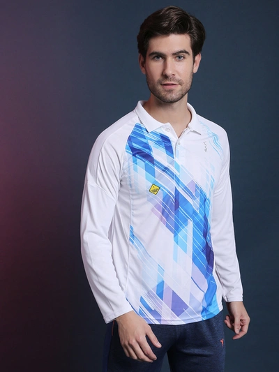 Campus Sutra Graphic Print Men Polo Neck White Blue Sports T-shirt In Multi