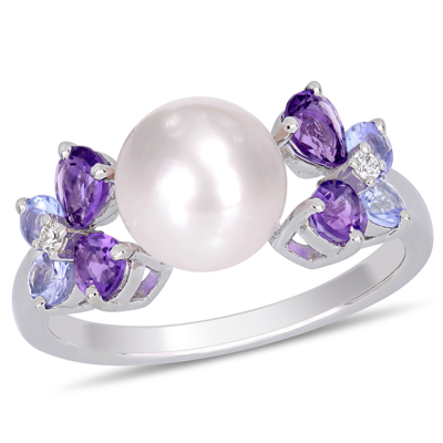 Mimi & Max 8-8.5 Mm White Cultured Freshwater Pearl, Diamond, Tanzanite, And Amethyst Ring In Purple