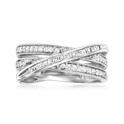Ross-simons Round And Baguette Diamond Crisscross Highway Ring In Sterling Silver