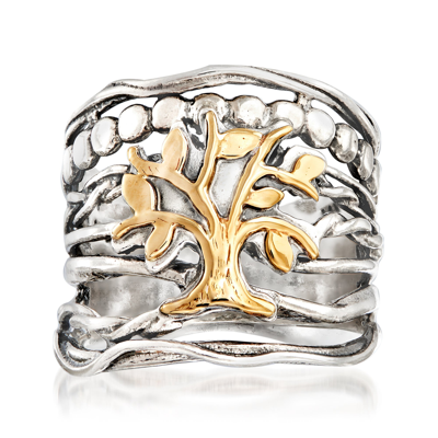 Ross-simons Sterling Silver And 14kt Yellow Gold Multi-row Tree Of Life Ring In Metallic