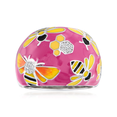 Ross-simons White Topaz And Multicolored Enamel Bumblebee Ring In Sterling Silver