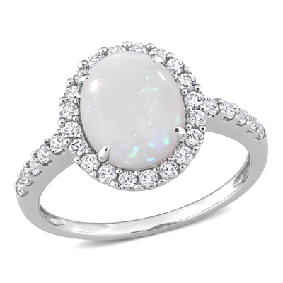 Mimi & Max 2 1/4 Ct Tgw Halo Oval Opal And Created White Sapphire Ring In 10k White Gold In Silver