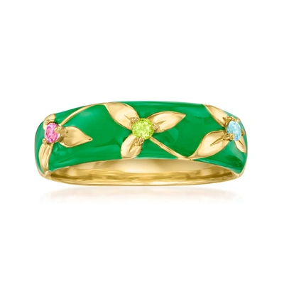 Ross-simons Multi-gemstone Floral Ring With Green Enamel In 18kt Gold Over Sterling
