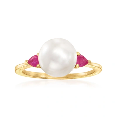 Ross-simons 8mm Cultured Pearl And . Ruby Ring In 14kt Yellow Gold In Multi