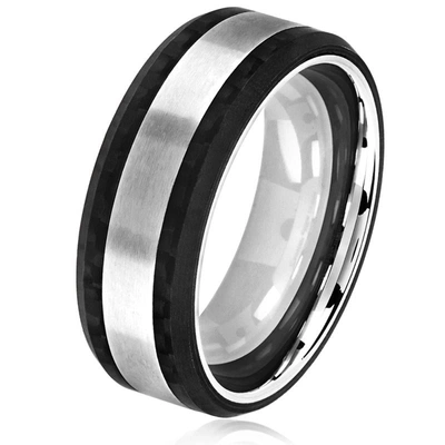 Crucible Jewelry Crucible Los Angeles Men's Brushed Stainless Steel Carbon Fiber Beveled Comfort Fit Ring In Black