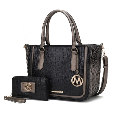 Mkf Collection By Mia K Bonnie Faux Crocodile-embossed Vegan Leather Women's Satchel With Wallet Bag - 2 Pieces In Black