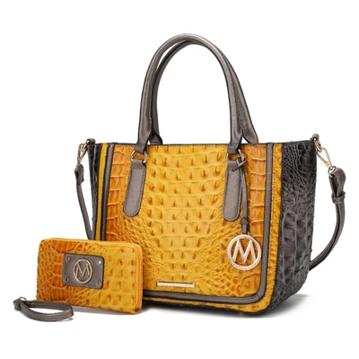 Mkf Collection By Mia K Bonnie Faux Crocodile-embossed Vegan Leather Women's Satchel With Wallet Bag - 2 Pieces In Yellow