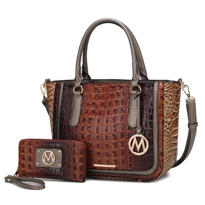 Mkf Collection By Mia K Bonnie Faux Crocodile-embossed Vegan Leather Women's Satchel With Wallet Bag - 2 Pieces In Brown