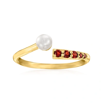 Rs Pure By Ross-simons 4-4.5mm Cultured Pearl And . Garnet Bypass Ring In 14kt Yellow Gold In Red