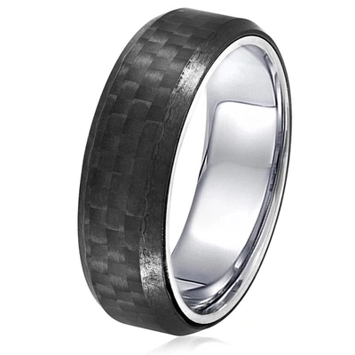 Crucible Jewelry Crucible Los Angeles Men's Stainless Steel Carbon Fiber Beveled Comfort Fit Ring In Black