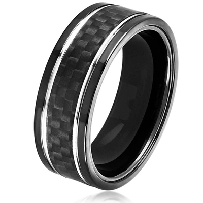Crucible Jewelry Crucible Los Angeles Men's Black Plated Stainless Steel Carbon Fiber Silver Grooved Comfort Fit Ring