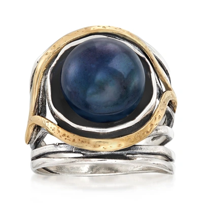 Ross-simons 11.5-12mm Black Cultured Pearl Openwork Ring In Sterling Silver And 14kt Yellow Gold