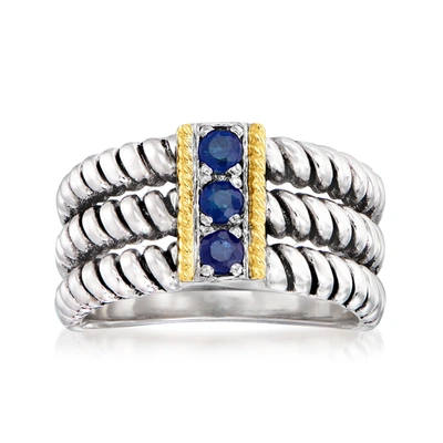 Ross-simons Sapphire 3-stone Ring In Sterling Silver With 14kt Yellow Gold