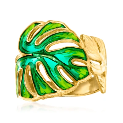 Ross-simons Italian Green Enamel Monstera Leaf Ring In 14kt Yellow Gold