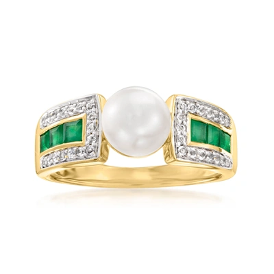 Ross-simons 6.5-7mm Cultured Button Pearl, . Emerald And . White Topaz Ring In 18kt Gold Over Sterling In Multi