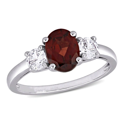Mimi & Max Oval Cut Garnet  And Created White Sapphire 3-stone Ring In Sterling Silver In Red