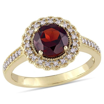 Mimi & Max 1/8 Ct Tw Diamond And Garnet Halo Ring In Yellow Plated Sterling Silver In Red