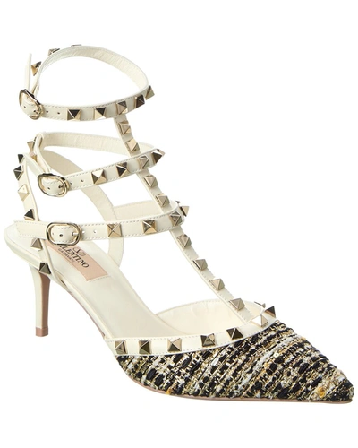 Valentino Garavani Rockstud Caged 65 Tweed & Leather Ankle Strap Pump In White