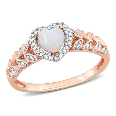 Mimi & Max 1/3 Ct Tgw Heart Shape Opal And Diamond Accent Halo Ring In 10k Rose Gold In Beige