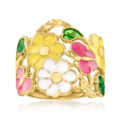 Ross-simons Italian Multicolored Enamel Floral Ring In 14kt Yellow Gold In Pink