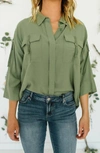 DEAR JOHN DENIM CHARITY 3/4 SLEEVE LACE FRONT BLOUSE IN OLIVE