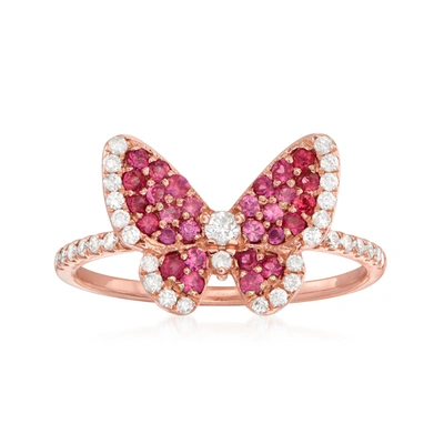 Ross-simons Ruby And . Diamond Butterfly Ring In 14kt Rose Gold In Multi