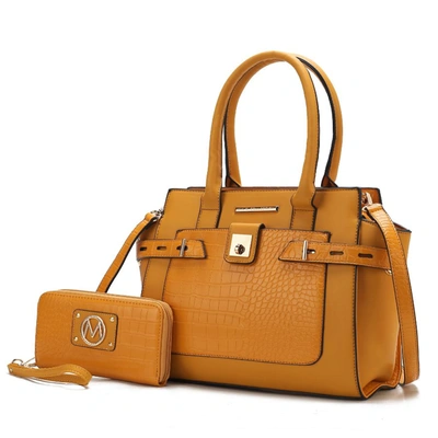 Mkf Collection By Mia K Isla Crocodile Embossed Vegan Leather Women's Satchel Bag With Wallet -2 Pieces In Yellow
