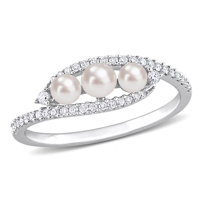 Mimi & Max Cultured Freshwater Pearl And 1/5 Ct Tdw Diamond Bypass Ring In 14k White Gold
