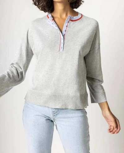 Lilla P Contrast Trim Henley Sweater In Heather Grey