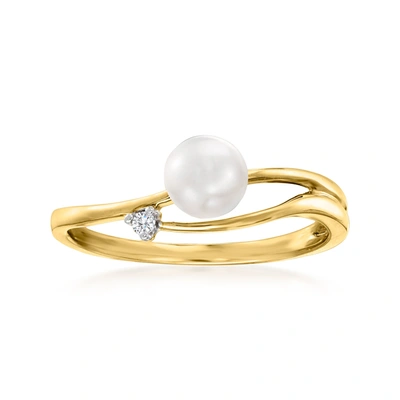 Rs Pure Ross-simons 5-5.5mm Cultured Pearl And Diamond-accented Ring In 14kt Yellow Gold In White