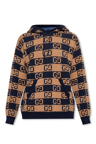 Gucci Gg Cotton Jacquard Hooded Jumper In Brown