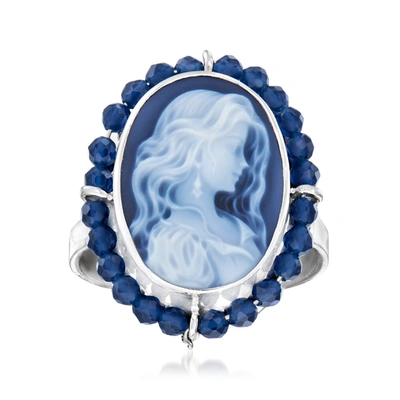 Ross-simons Italian Black Agate Cameo Ring With Blue Spinel In Sterling Silver