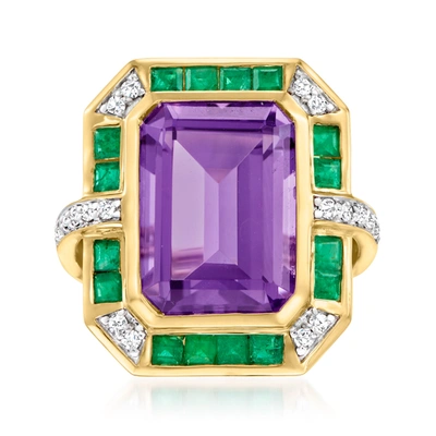 Ross-simons Amethyst, . Emerald And . Diamond Ring In 14kt Yellow Gold In Pink