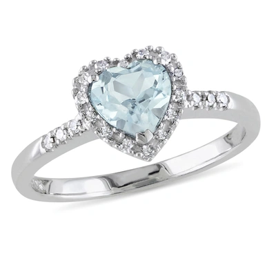 Mimi & Max 1/10ct Tdw Diamond And Aquamarine Heart Halo Ring In Sterling Silver In Blue