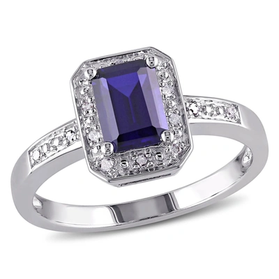 Mimi & Max 1 3/5ct Tgw Emerald Cut Created Blue Sapphire And Diamond Accent Ring In Sterling Silver In Purple