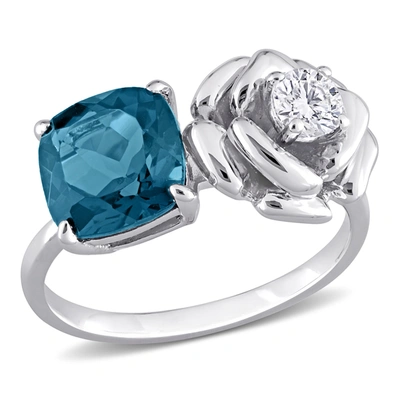 Mimi & Max Womens 2 7/8ct Tgw Cushion-cut London Blue Topaz And White Topaz 2-stone Rose Ring In Sterling Silve