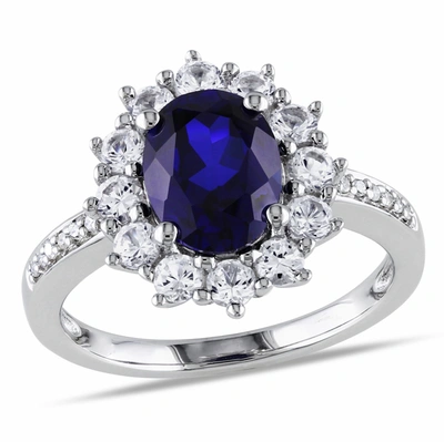 Mimi & Max 4 Ct Tgw Created Blue And White Sapphire And 0.05 Ct Tw Diamond Halo Ring In Sterling Silver