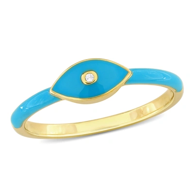 Mimi & Max Created White Sapphire Enamel Ring In Yellow Plated Sterling Silver In Blue