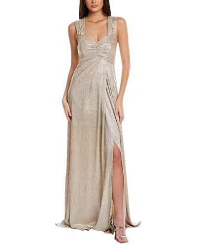 Rene Ruiz Metallic Off-the-shoulder Gown In Beige