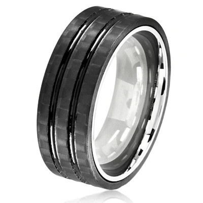 Crucible Jewelry Crucible Los Angeles Men's Stainless Steel Carbon Fiber Dual Grooved Comfort Fit Ring In Black