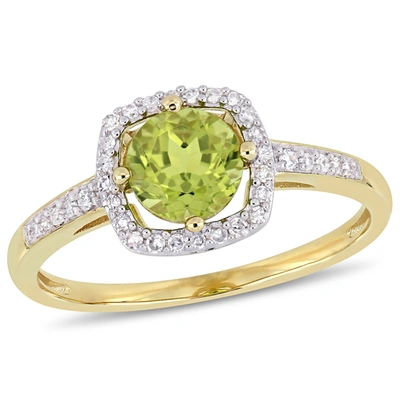 Mimi & Max 7/8ct Tgw Peridot And 1/7ct Tdw Diamond Halo Ring In 10k Yellow Gold In Green