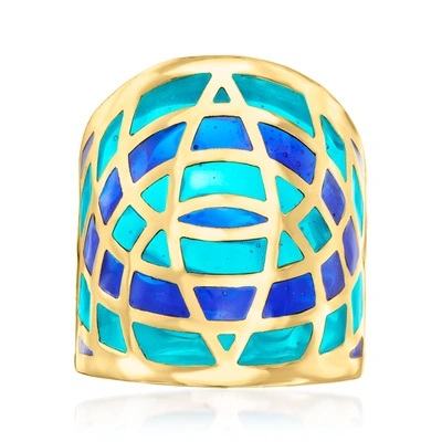 Ross-simons Italian Blue Enamel Wide Ring In 14kt Yellow Gold