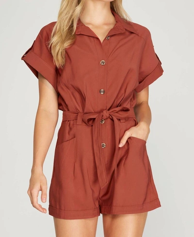SHE + SKY DROP SHOULDER WOVEN TWILL ROMPER WITH POCKETS IN RUST