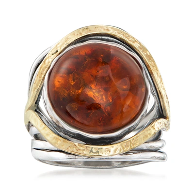 Ross-simons Amber Cabochon Ring In Sterling Silver With 14kt Yellow Gold In Red