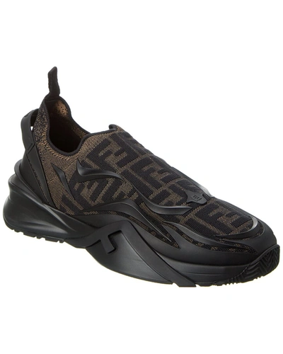 Fendi Men Leather Flow Sneakers With Ff Jacquard Fabric Inserts In Black